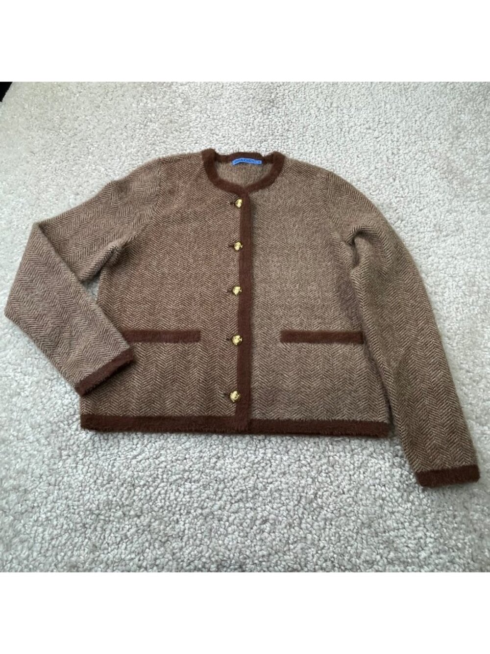 J. Mclaughlin Inez Cardigan Sweater Fuzzy Brown Herringbone Womens Medium